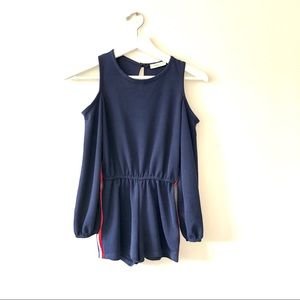 Pinc Navy Blue Open Shoulder Jumpsuit with Varsity Stripe Red and White Accents